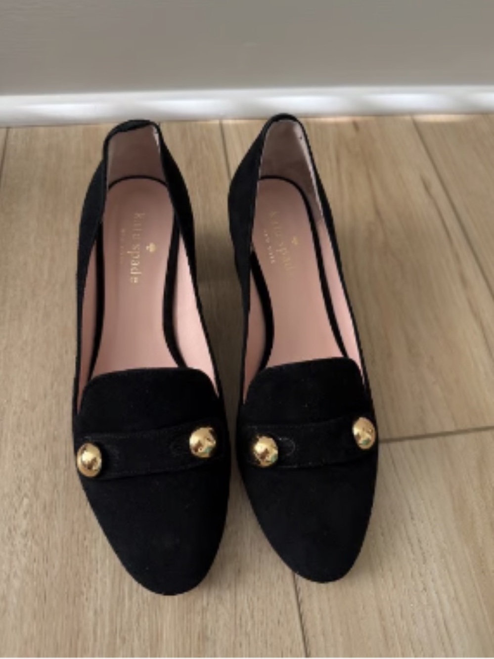 kate spade Black Suede Pointed Loafers with Gold Studs